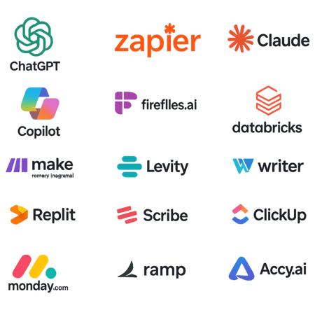 Grid of logos for AI and automation platforms including ChatGPT, Zapier and Claude