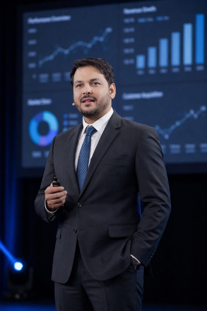 Managing Director presenting revenue growth and customer acquisition charts at corporate conference