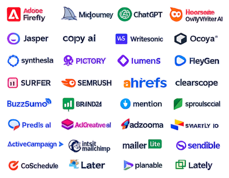 Grid of AI-powered marketing tool logos including Adobe Firefly, ChatGPT, SEMrush, Ahrefs