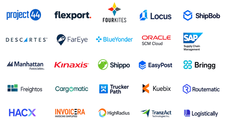 Grid of 25+ shipping & logistics logos including project44, Flexport, FourKites, Locus, ShipBob